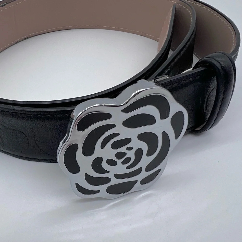 Coach Black & Blush Reversible Leather Belt with Floral Buckle- 40” - Picture 10 of 16
